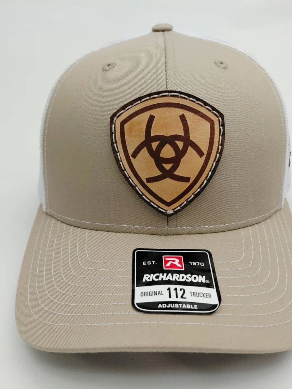 Western Shield Leather Patch Khaki White Richardson 112 Trucker Hat Cap New Aria